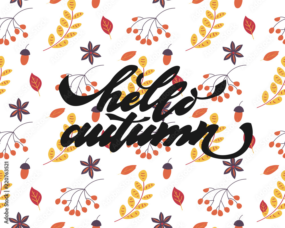 Hello autumn. Hand drawn calligraphy and brush pen lettering. design for holiday greeting card and invitation of seasonal autumn holiday. black on white Hello autumn. Hand drawn calligraphy and brush pen lettering. design for holiday greeting card and invitation of seasonal autumn holiday. black on white