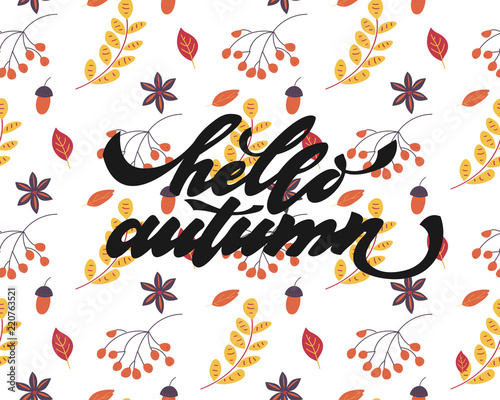 Hello autumn. Hand drawn calligraphy and brush pen lettering. design for holiday greeting card and invitation of seasonal autumn holiday. black on white