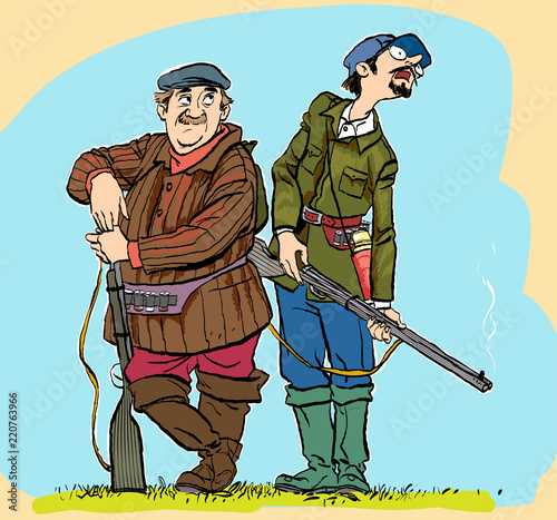 Hunters lokking for prey. Vector caricature. Hunters losers. Comic hunters.
