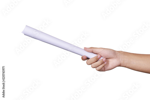 Male hands holding blank paper roll