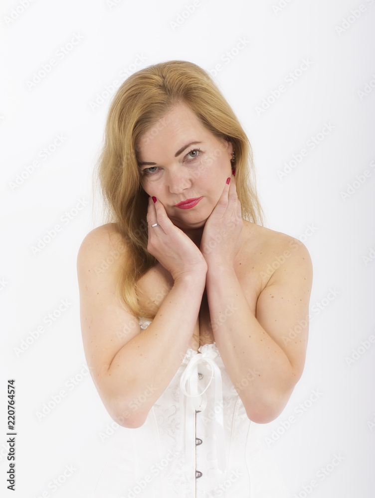 Sexy woman in white lingerie on white background Sexy woman in white lingerie on white background