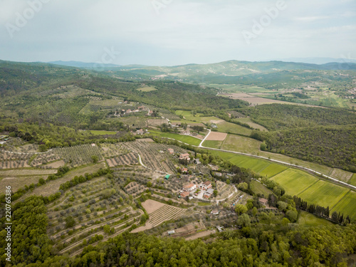 aerial view of fields and hills with trees in arezzo province, Italy