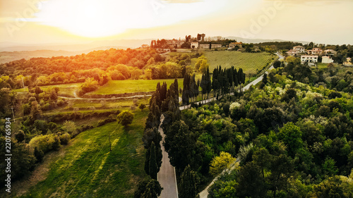 aerial view of village and river during sunset, arezzo province, Italy