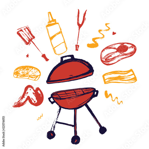 BBQ grunge doodle poster invitatation in square format. Barbecue party flyer. Grill illustration can be used for menu, poster. photo