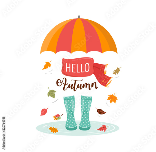 Autumn, fall season background, rain rubber boots with autumn leaves and flowers, scarf and umbrella