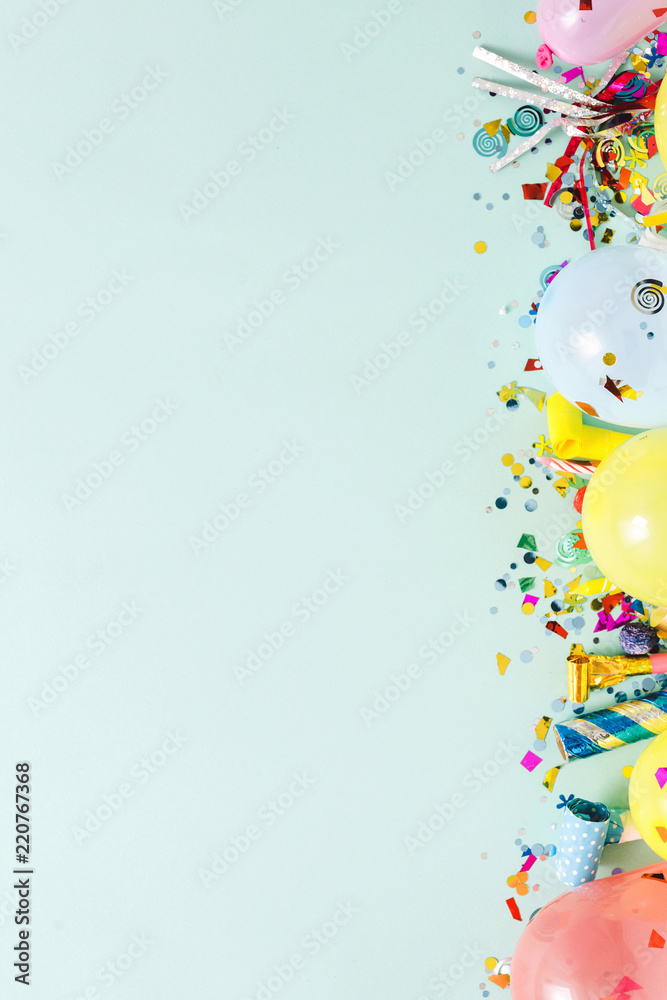 Flat lay decoration party pastel blue background copy space top view Flat lay decoration party pastel blue background copy space top view