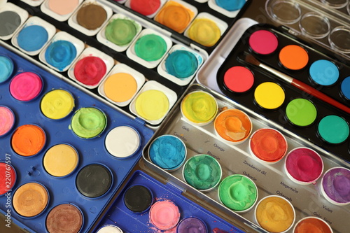 Watercolor paintboxes in studio