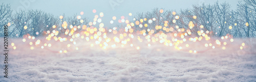 Fototapeta Magiczny zima krajobraz z śnieżnymi i złotymi bokeh światłami - sztandar, panorama, tło