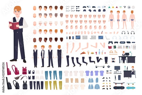 Redhead pupil animation or DIY kit. Collection of school boy body elements, gestures, postures, facial expressions, clothes isolated on white background. Colored vector illustration in flat style.