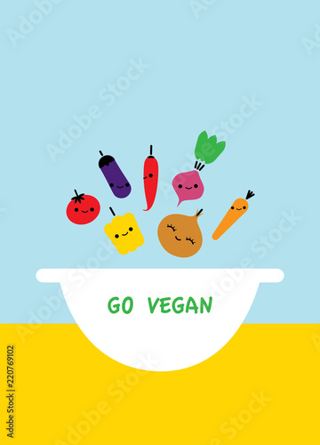 Go vegan poster with vegetables falling in to bowl. Vector illustration