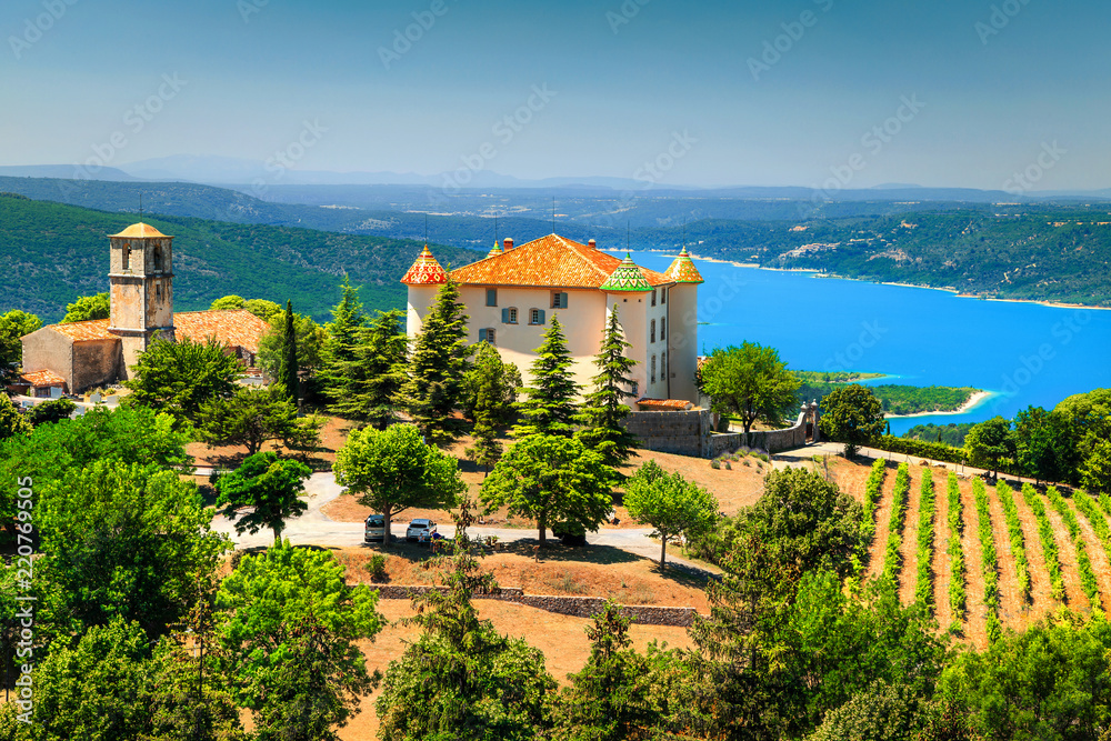 Aiguines castle and St Croix lake in background, Provence, France, Europe