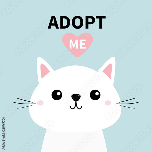 Cute cat face line silhouette. Adopt me. Pink heart. Pet adoption. Kawaii animal. Cute cartoon kitty character. Funny baby kitten. Help homeless animal Flat design. Blue background