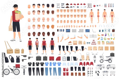 Food delivery guy animation kit or constructor. Set of male cartoon character's body parts in different postures and clothes isolated on white background. Front, side, back views. Vector illustration.