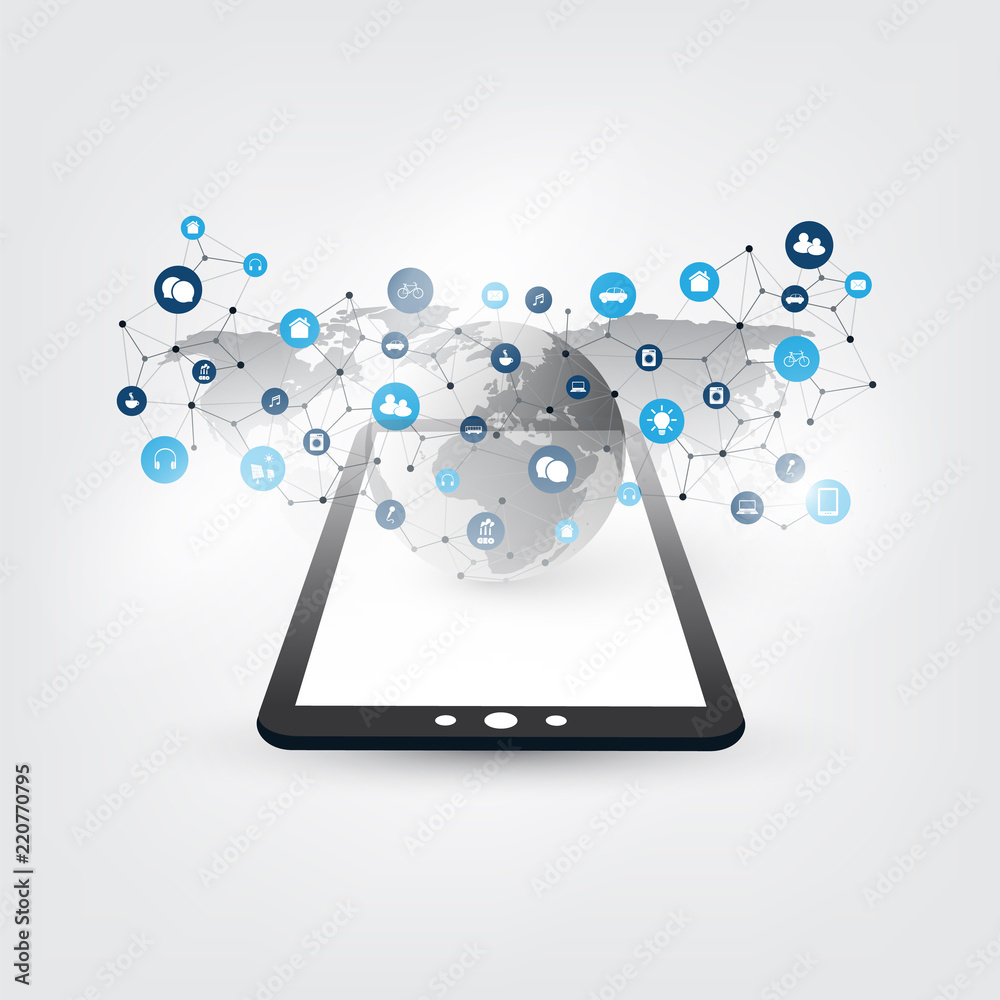 Internet of Things, Cloud Computing Design Concept with Icons - Global Digital Network Connections, Technology Background Internet of Things, Cloud Computing Design Concept with Icons - Global Digital Network Connections, Technology Background