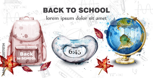 Back to school card with watercolor satchel, alarm clock and globus Vector