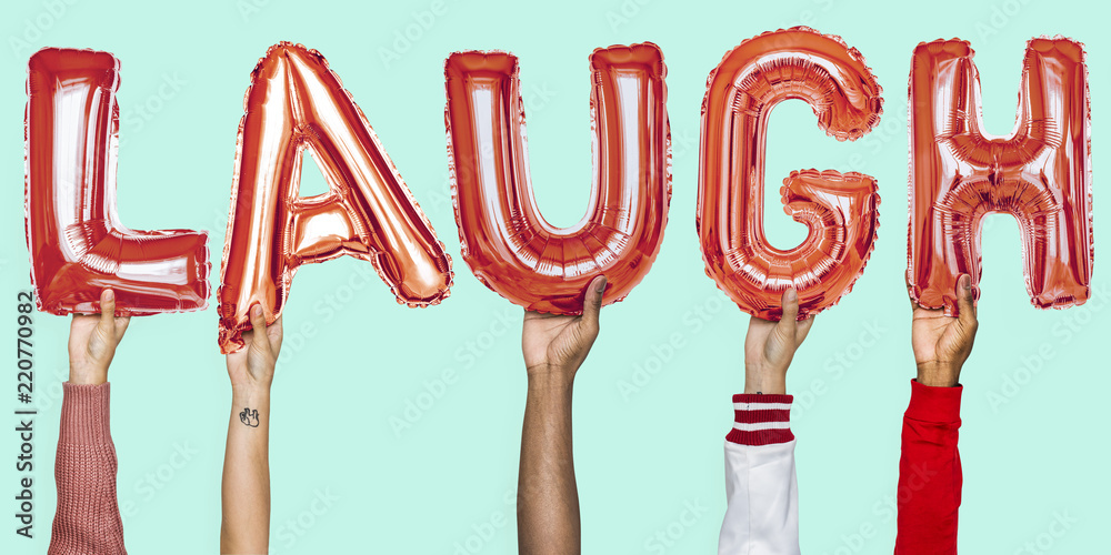 Hands showing laugh balloons word Hands showing laugh balloons word
