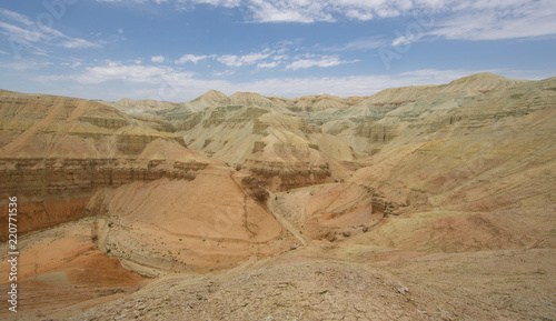 Schilderij op canvas summer sunny panorama of the valley of desert mountains, Kazakhstan, Altyn-Emel