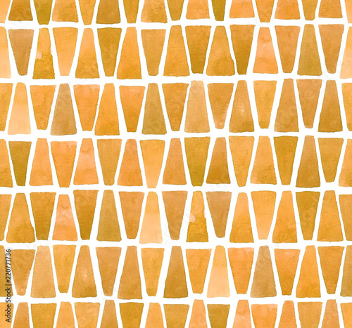 Hand painted mosaic background with geometric elements in terracotta. Seamless watercolor pattern
