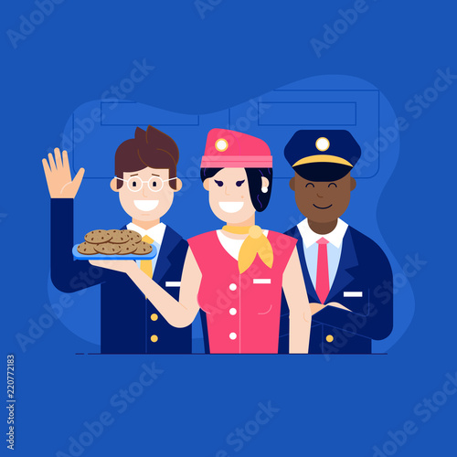 Aircraft or cabin crew with steward, pilot and smiling stewardess offering food. Air travel concept illustration with flight attendants in working uniform welcoming the passenger on board.