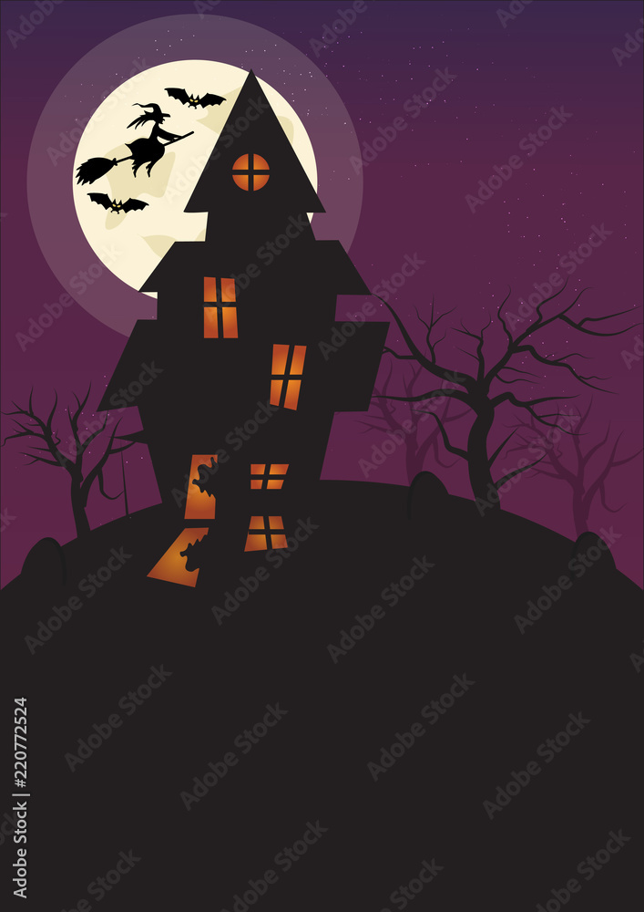 Halloween Vertical Background with Witch, Bats Haunted House and Full Moon. Flyer or Invitation Template for Halloween Party with Empty Space for your Texr.  illustration.
