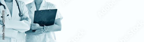 Φωτογραφία Doctor and nurse in uniform, Hospital background and Healthcare staff, Professional medical care provider with copy space for an advertising cover picture