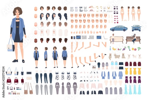 Fashionable young woman DIY or animation kit. Collection of girl's body parts, gestures, emotions, stylish clothes, trendy accessories isolated on white background. Flat cartoon vector illustration.