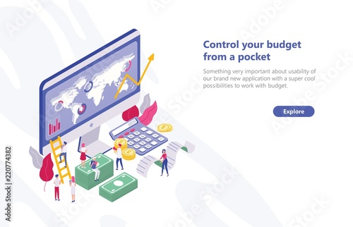 Web banner template with tiny people walking near computer with app for budget planning, sitting on money bills, carrying receipt. Concept of financial administration. Isometric vector illustration. © Good Studio