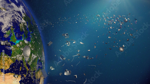 Fototapeta Naklejka Na Ścianę i Meble -  space debris in Earth orbit, dangerous junk orbiting around the blue planet 