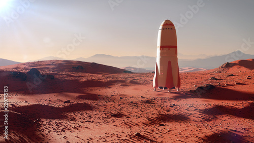 Fototapeta Naklejka Na Ścianę i Meble -  landscape on planet Mars, spaceship landing on the red planet's surface