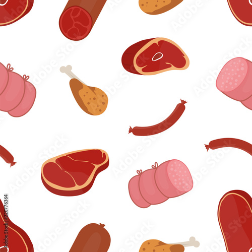 Decorative seamless pattern with delicious meat products of various types on white background