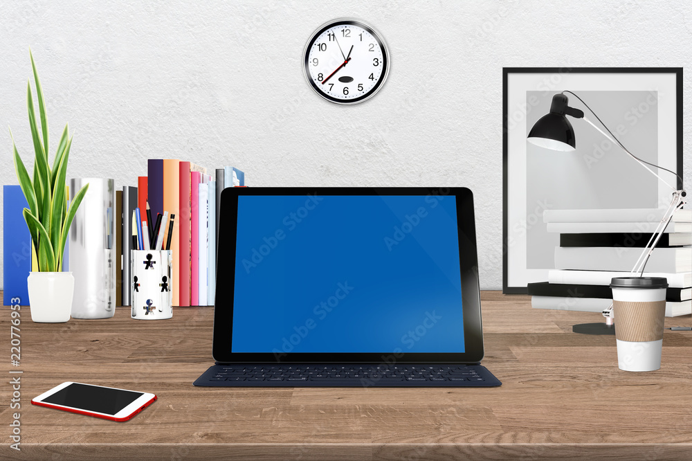 3d rendering of workspace with tablet 3d rendering of workspace with tablet