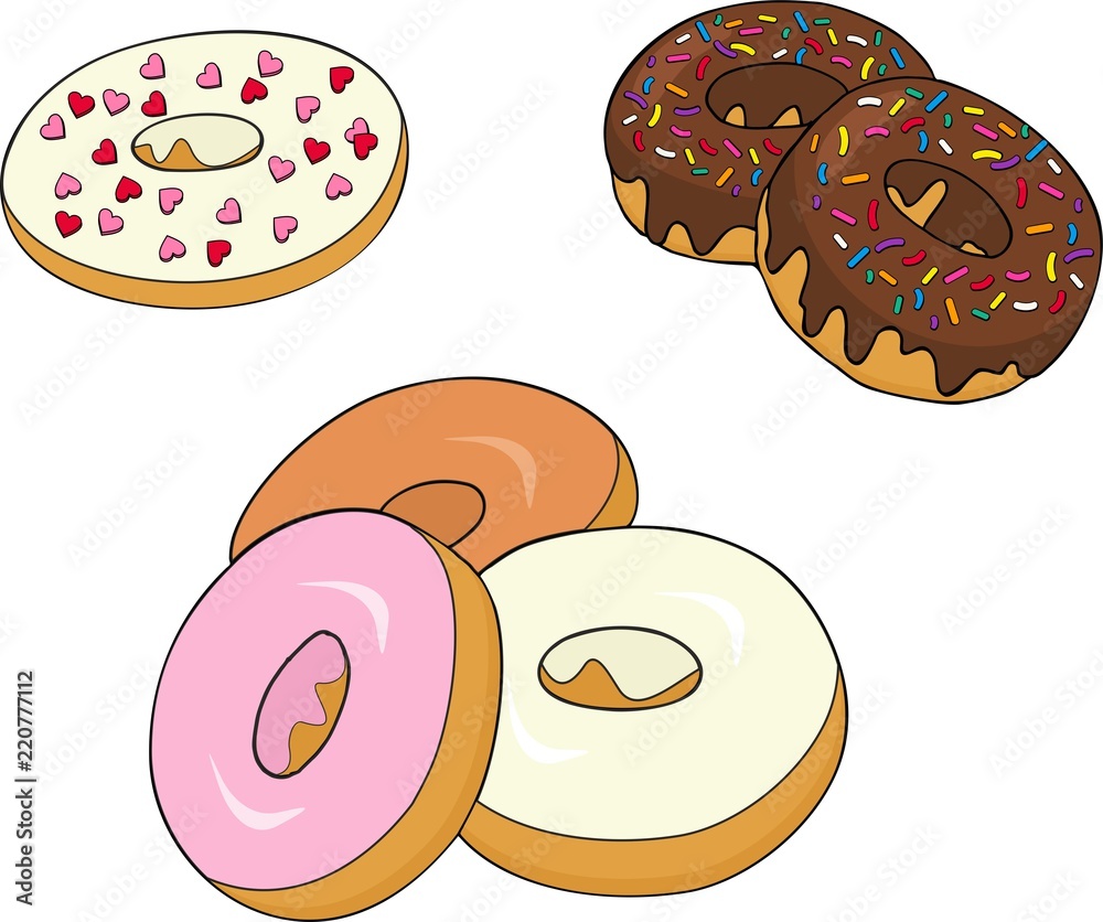 assorted donuts with chocolate frosted, pink glazed and sprinkles donuts.