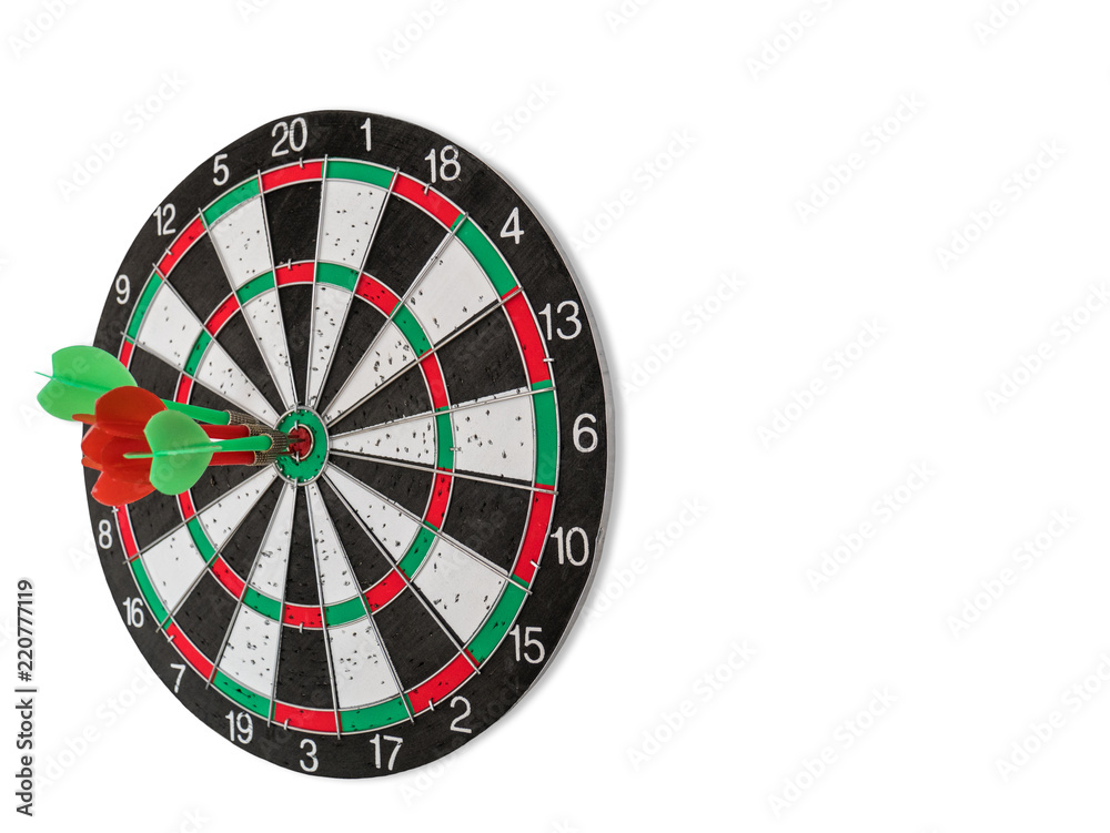 Isolated Dart Board with Holes on Dart Board Due to Throwing Darts Multiple  Times. Four Darts Hit the Red Bullseye Stock Photo | Adobe Stock