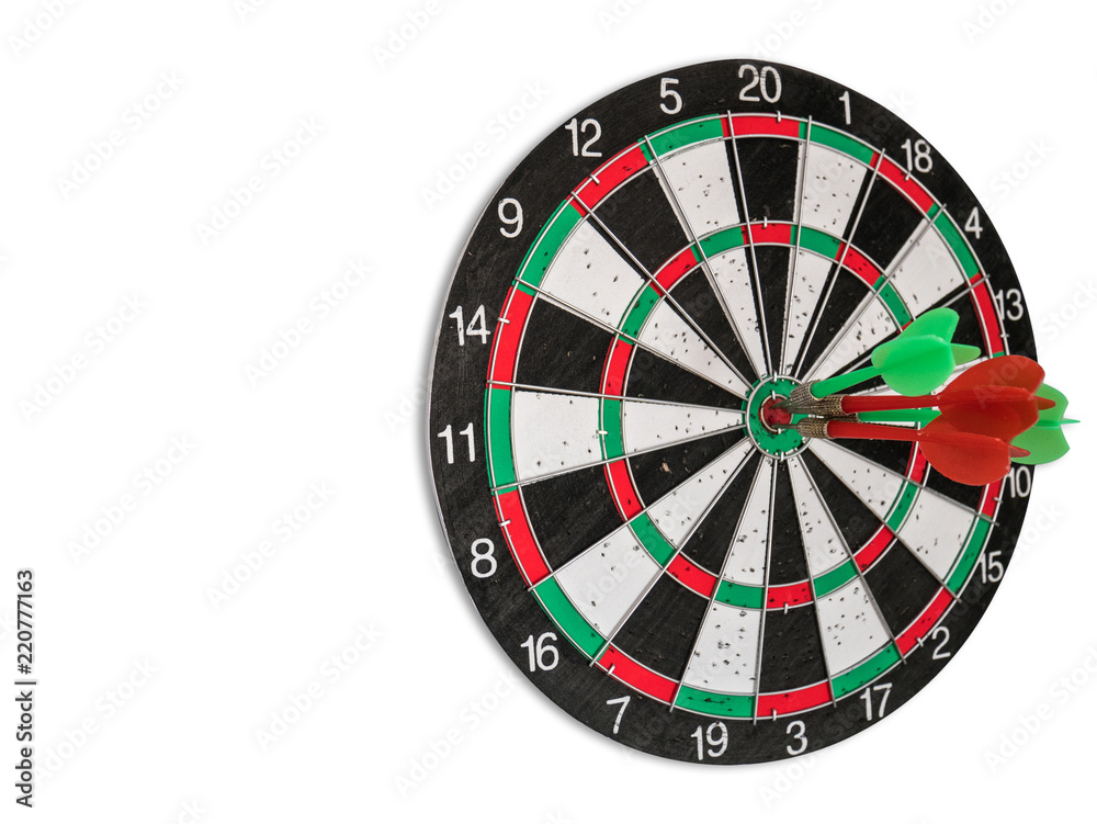 Isolated Dart Board with White Background. Holes on Dart Board Due to Throwing Darts Multiple Times. Four Darts Hit the Red Bullseye Isolated Dart Board with White Background. Holes on Dart Board Due to Throwing Darts Multiple Times. Four Darts Hit the Red Bullseye