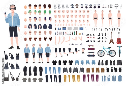 Young teenage boy DIY kit. Set of teenager's body parts in different positions, various subcultures' attributes, clothes and accessories isolated on white background. Cartoon vector illustration.