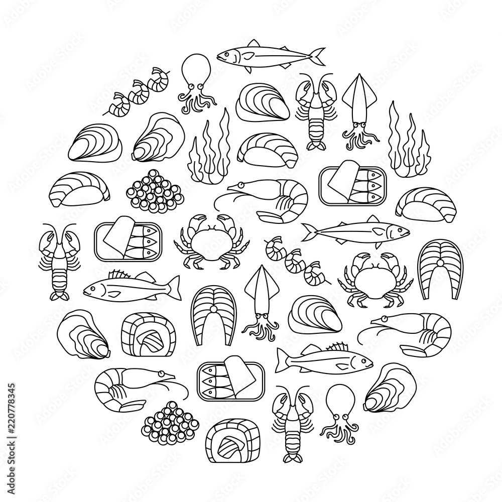 round design element with seafood icons