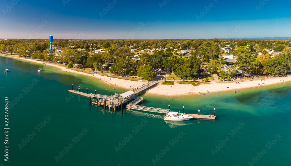 Aerial view of Bongaree Jetty on Bribie Island, Sunshine Coast, Australia