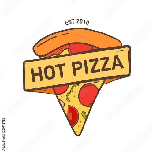 Elegant label with pizza piece and ribbon, tape or strip isolated on white background