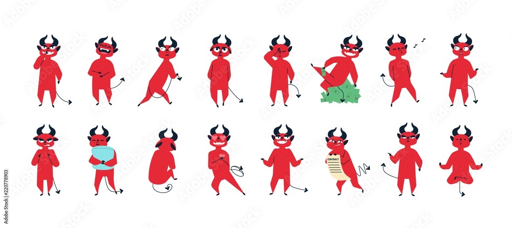 Collection of funny red-skined devil in different postures isolated on white background. Set of cute adorable demon expressing various emotions. Colorful vector illustration in flat cartoon style.