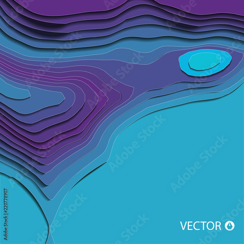 Art paper cut of topographic map. Pleasant colors of blue tone. Origami modern design. Vector illustration