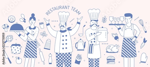 Horizontal banner template with chief, cook, waiter and waitress surrounded by food products and cooking tools. Restaurant team, personnel or staff. Monochrome vector illustration in line art style.