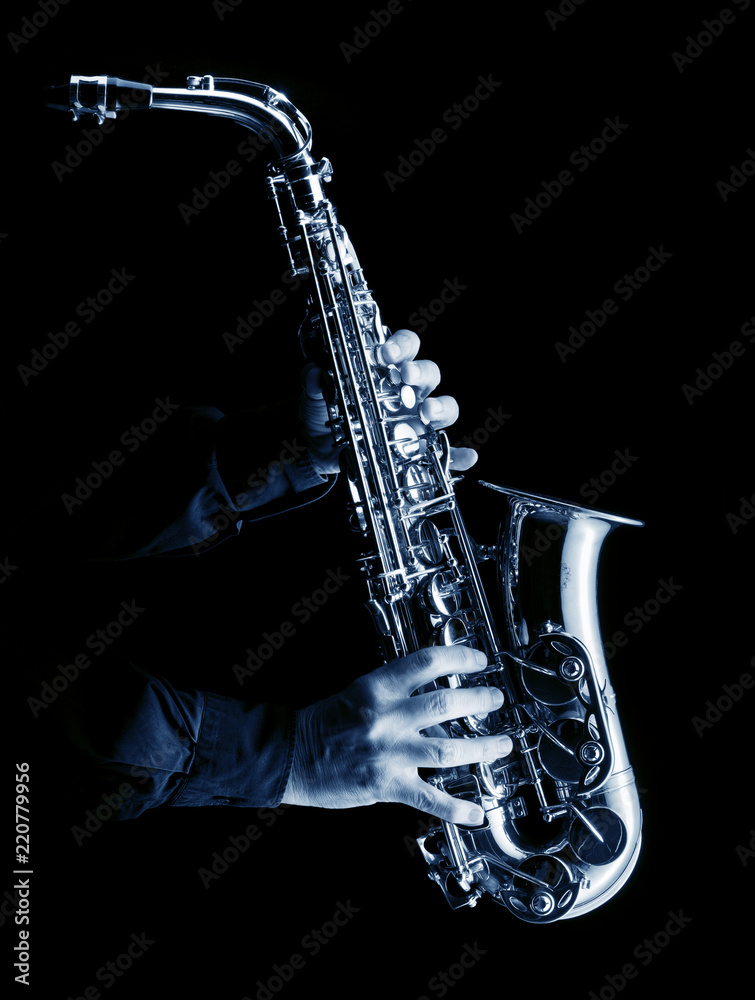 Naklejka premium musician playing alt saxophone on black,blue image