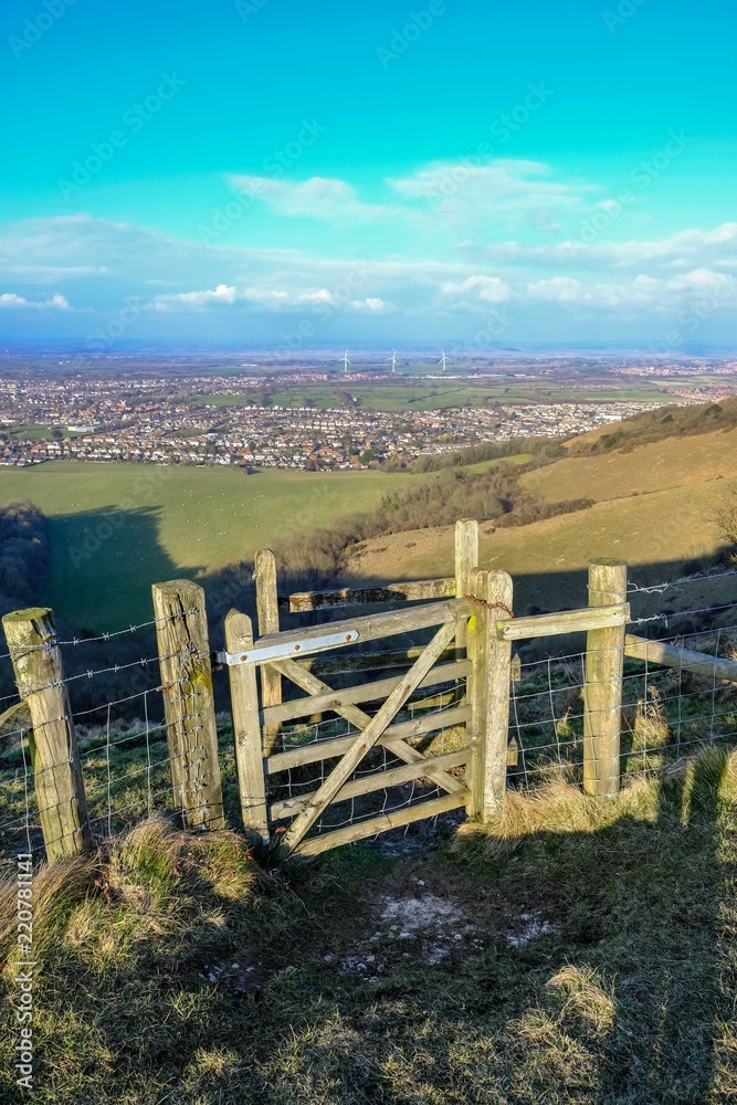 South Downs, sussex, view from the top with gate in foreground
