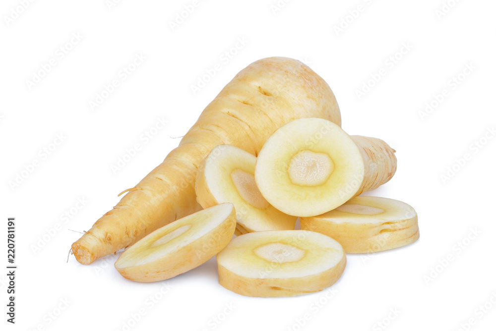 parsnip root with slices vegetable isolated on white background
