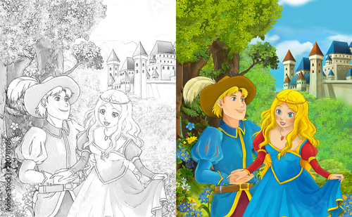 Cartoon scene with cute princes in the forest near the castle - beautiful manga girl - with coloring page - illustration for children