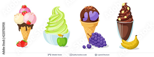 Ice cream refreshing desserts set on white.
