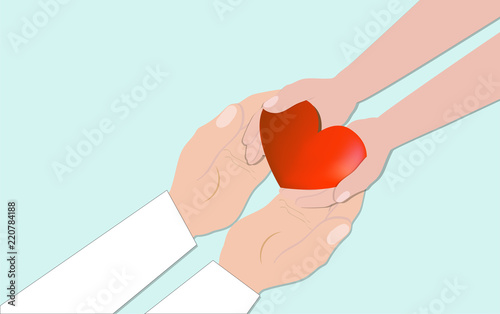 Red heart in hands. Concept of health, medicine, care and support. Romantic background. 