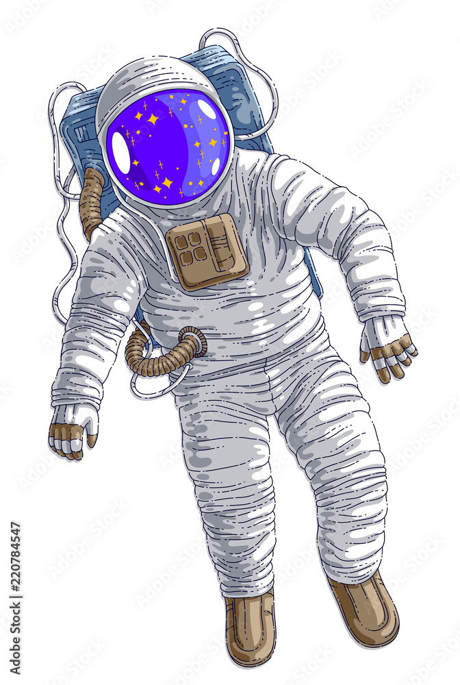 Astronaut in spacesuit floating in weightlessness, spaceman in open space realistic vector illustration isolated over white background.