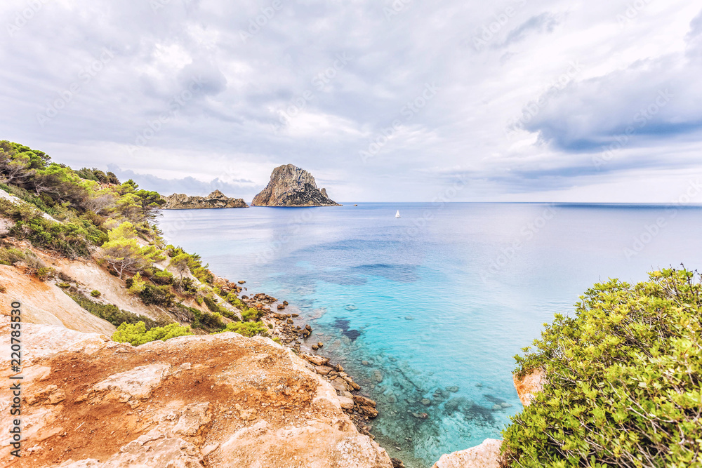Panoramic view of scenic Ibiza island coastline and Es Vedra, Balearic Ilands in Spain Panoramic view of scenic Ibiza island coastline and Es Vedra, Balearic Ilands in Spain