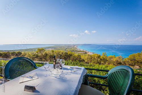 FORMENTERA, SPAIN - APRIL 04, 2014: View from restaurant at the hill on panorama of the island, Balearic Islands